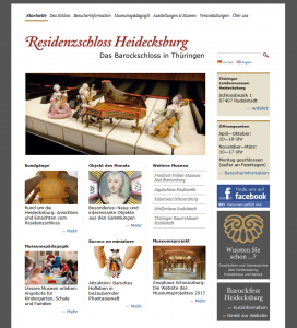 Auf der Startseite des Residenzschloss Heidecksburg findet der Besucher Öffnungszeiten, Adresse, soziale Medien sowie bilderreiche Anreißer zu weiterführenden Themen wie Ausstellung, Museumspädagogik und Veranstaltungen.