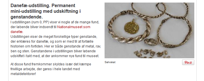 Auf der Website des Nationalmuseet Danmark finden sich Pinterest-Button direkt unter einzelnen Bildern - eine Einladung zum Teilen (Screenshot von www.natmus.dk).
