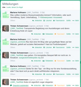 Ausschnitt aus meinem Twitter-Gespräch über Museumswebsite mit dem norddeutschen Archivar und Historiker Tristan Schwennsen.